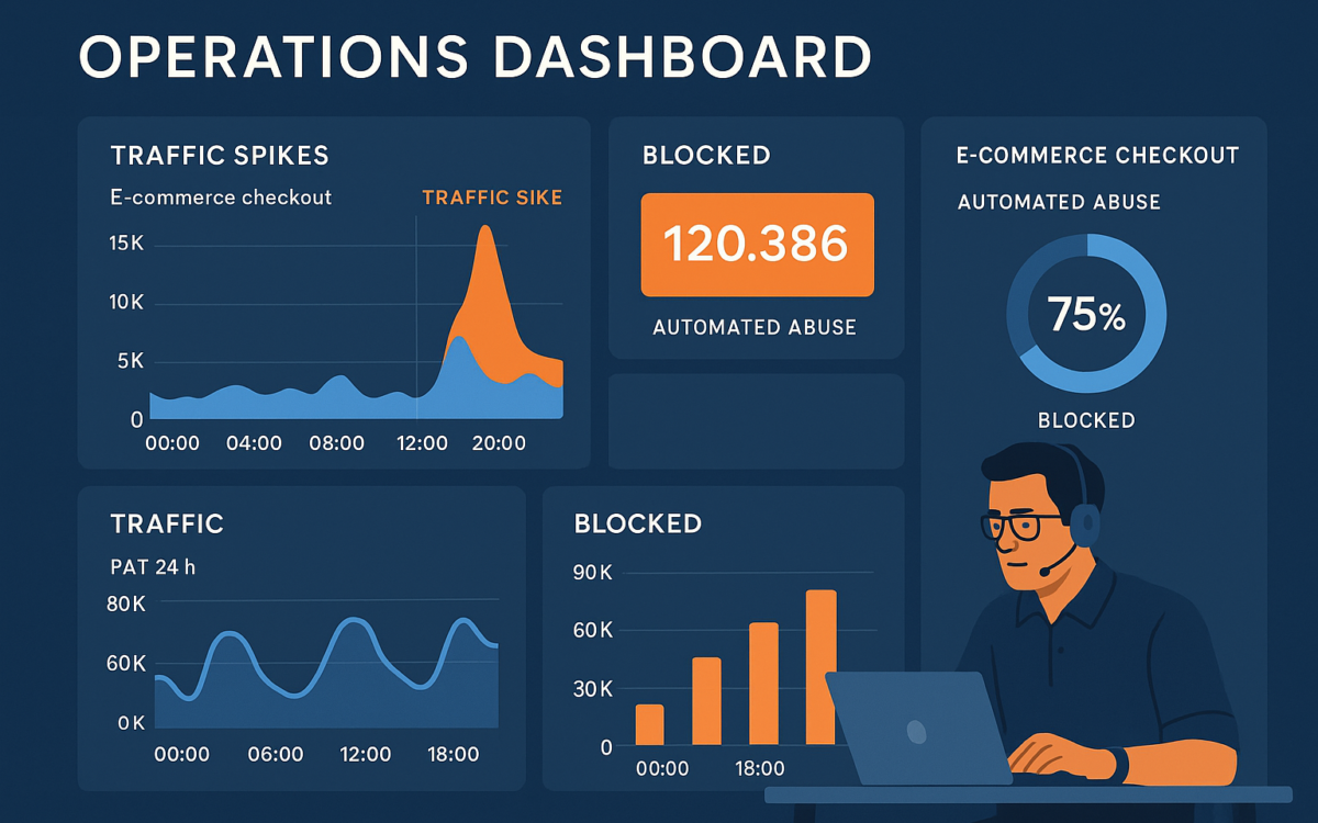 Operator dashboard showing blocked automated abuse on a WordPress checkout flow
