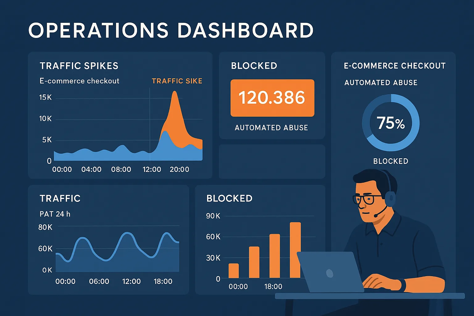 Operator dashboard showing blocked automated abuse on a WordPress checkout flow