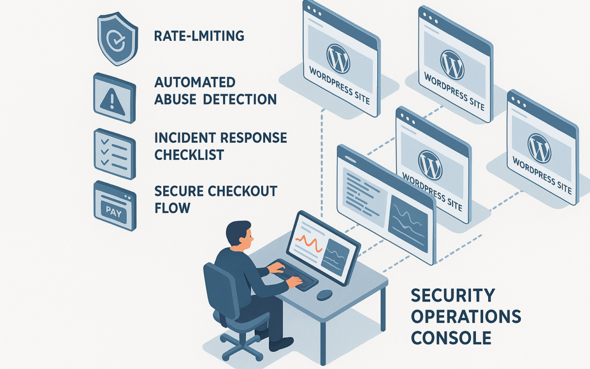 Isometric infographic showing layered defenses protecting multiple WordPress sites and checkout flows for an agency operator