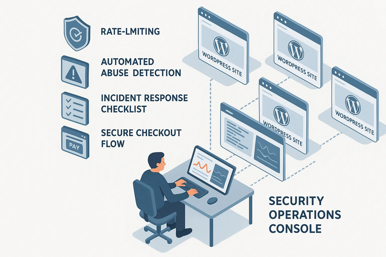 Isometric infographic showing layered defenses protecting multiple WordPress sites and checkout flows for an agency operator