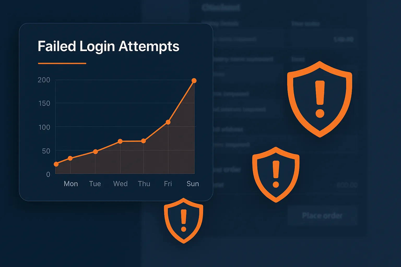 Dashboard showing failed login attempts and a blurred WooCommerce checkout in the background with security shield overlays