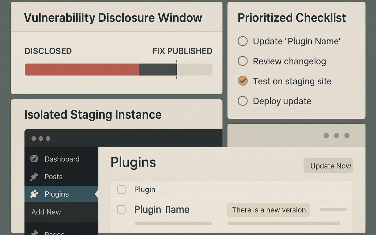 Dashboard mockup showing triage timeline and prioritized plugin hardening checklist