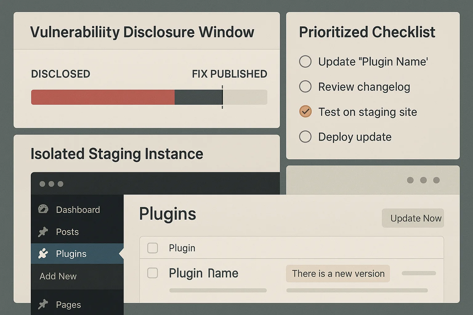 Dashboard mockup showing triage timeline and prioritized plugin hardening checklist