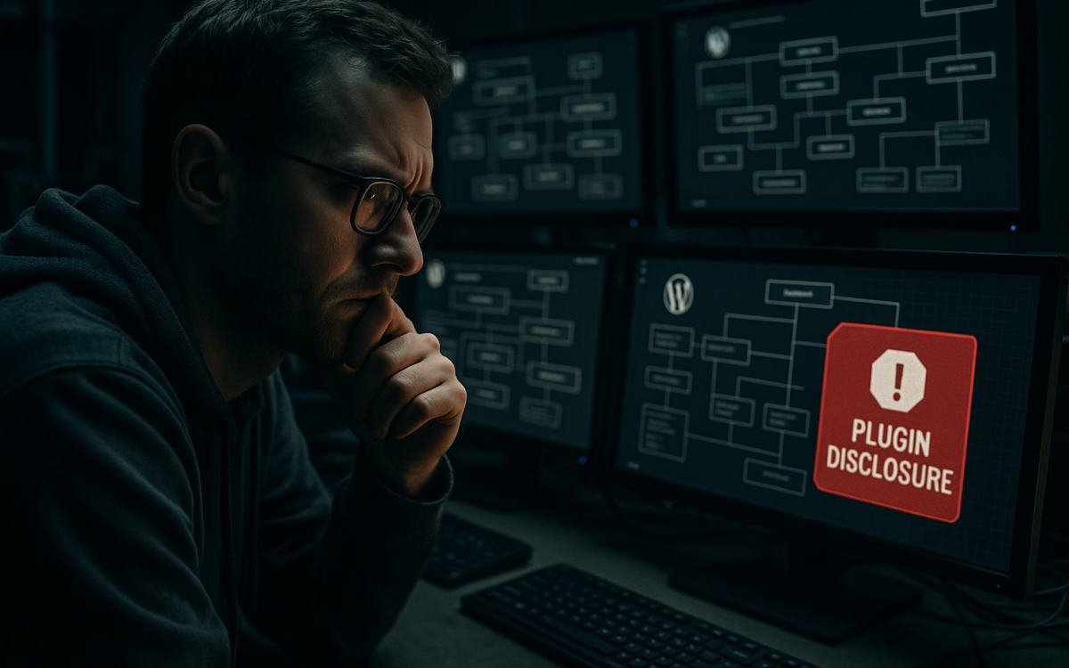 Founder monitoring WordPress plugin disclosure alert on multiple screens