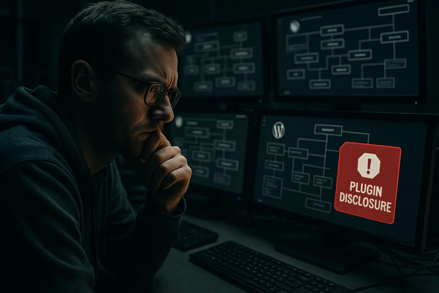 Founder monitoring WordPress plugin disclosure alert on multiple screens