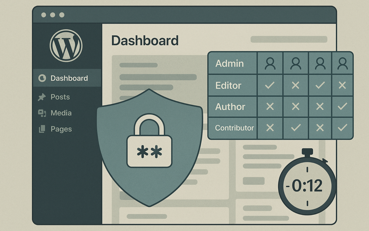 WordPress admin dashboard with layered security icons (MFA, role matrix, incident timer)
