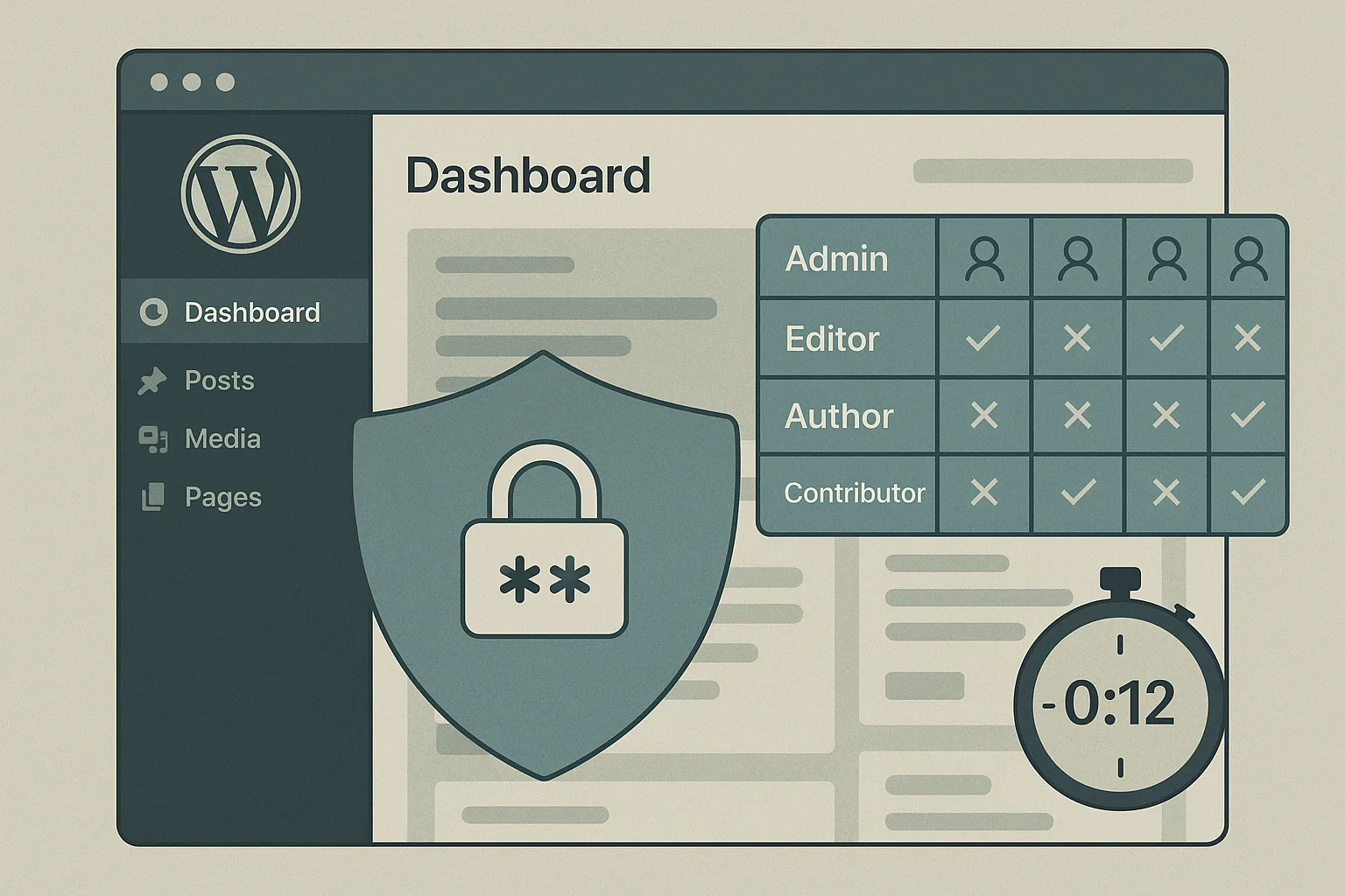 WordPress admin dashboard with layered security icons (MFA, role matrix, incident timer)