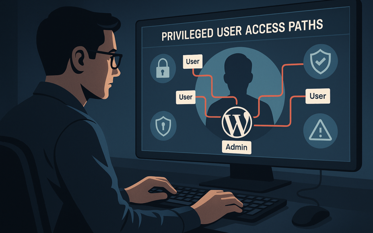 IT operator dashboard showing privileged user access and layered security around WordPress admin