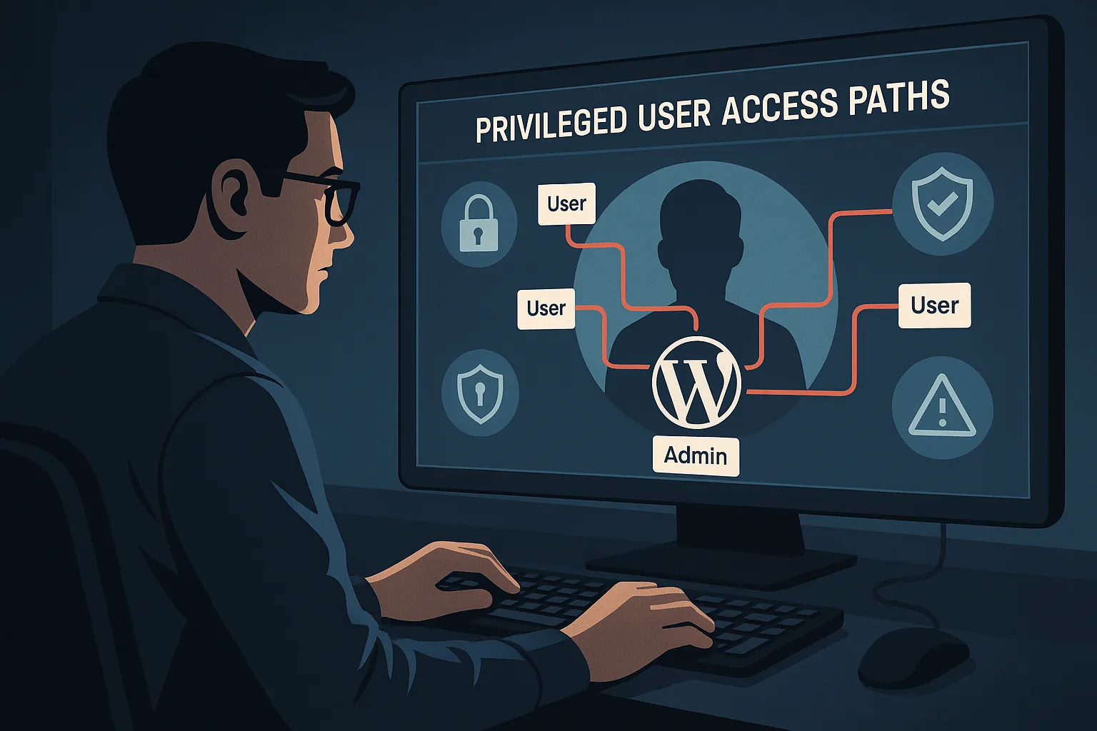 IT operator dashboard showing privileged user access and layered security around WordPress admin