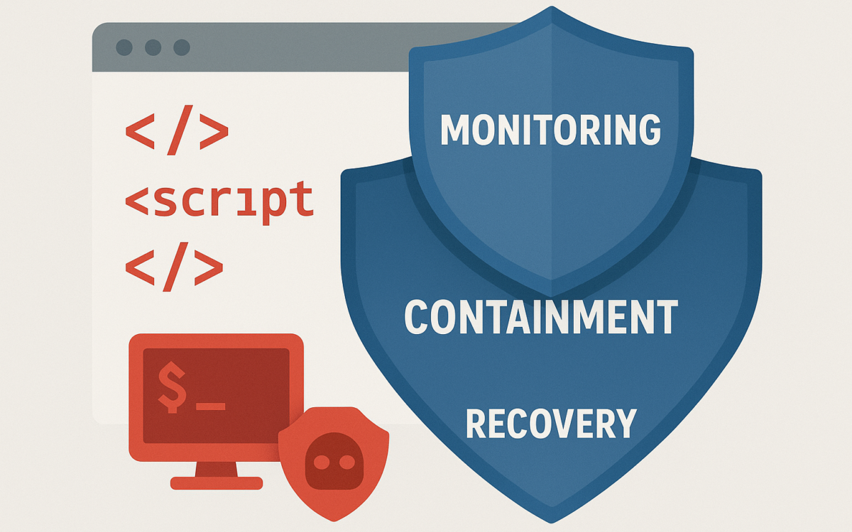 Layered defense shields blocking malware and a web shell icon