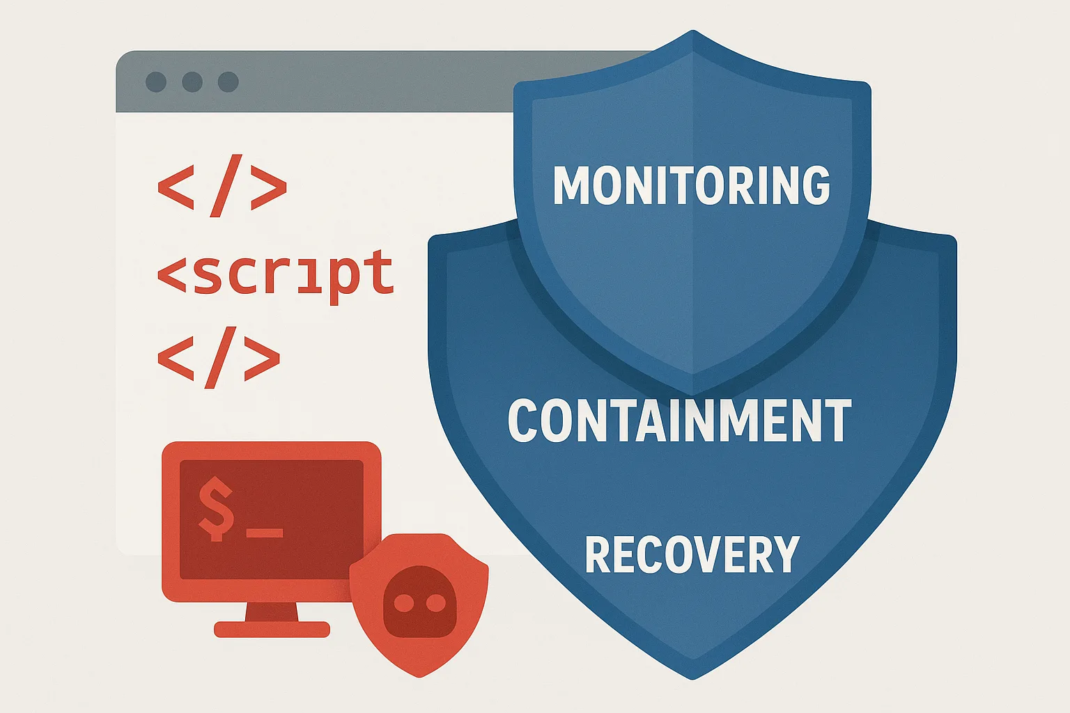 Layered defense shields blocking malware and a web shell icon