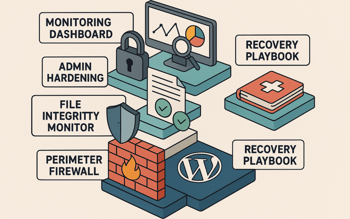 Diagram showing layered WordPress defenses from perimeter controls to recovery playbooks
