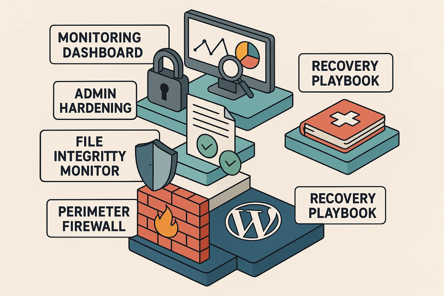Diagram showing layered WordPress defenses from perimeter controls to recovery playbooks