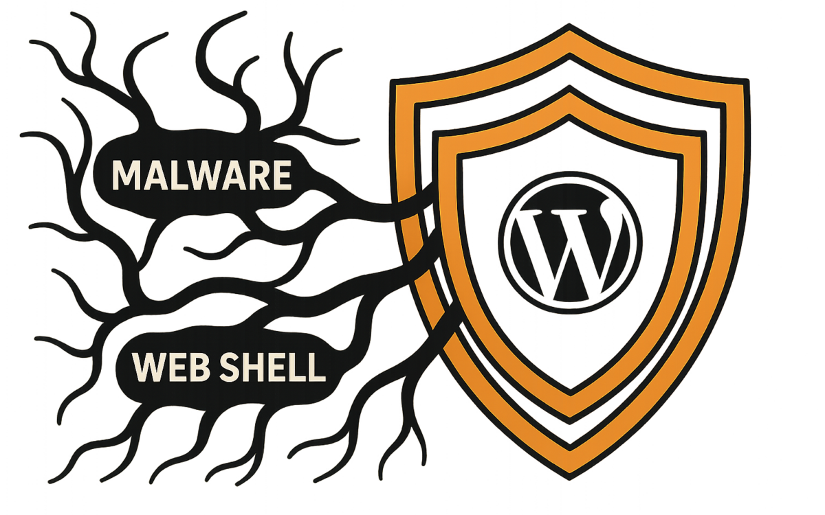 Infographic of layered security shields protecting WordPress from malware and web shells