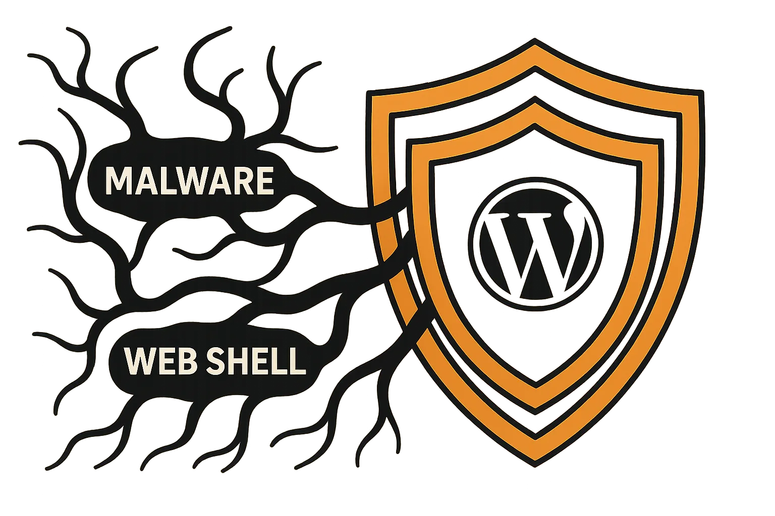 Infographic of layered security shields protecting WordPress from malware and web shells