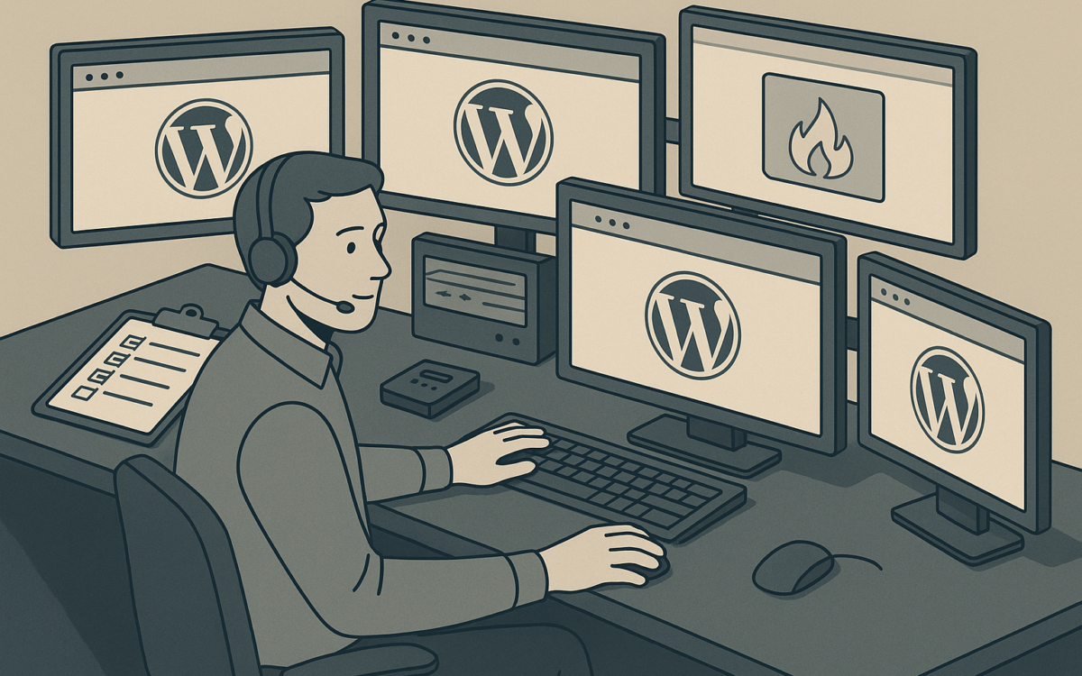 Operator at a security desk containing a WordPress incident with monitoring dashboards visible