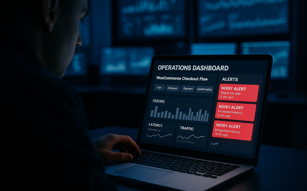 Operations dashboard showing noisy alerts and a WooCommerce checkout flow highlighted
