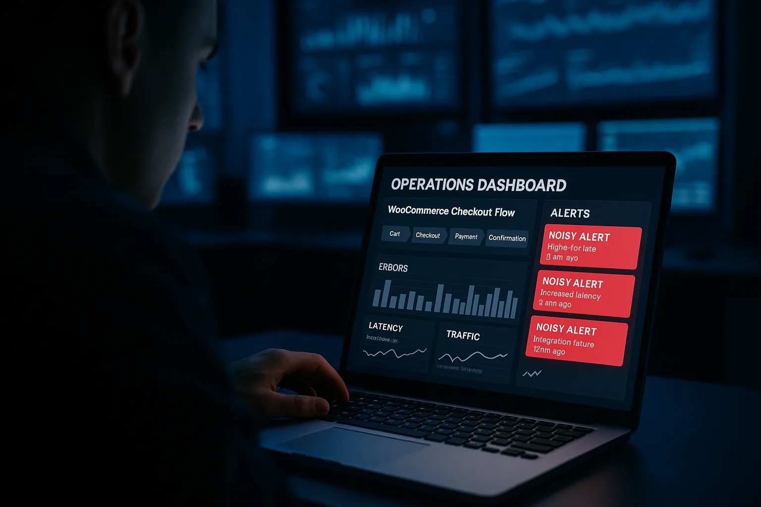 Operations dashboard showing noisy alerts and a WooCommerce checkout flow highlighted