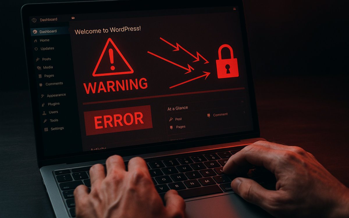 Developer reviewing WordPress admin dashboard with security warning overlays