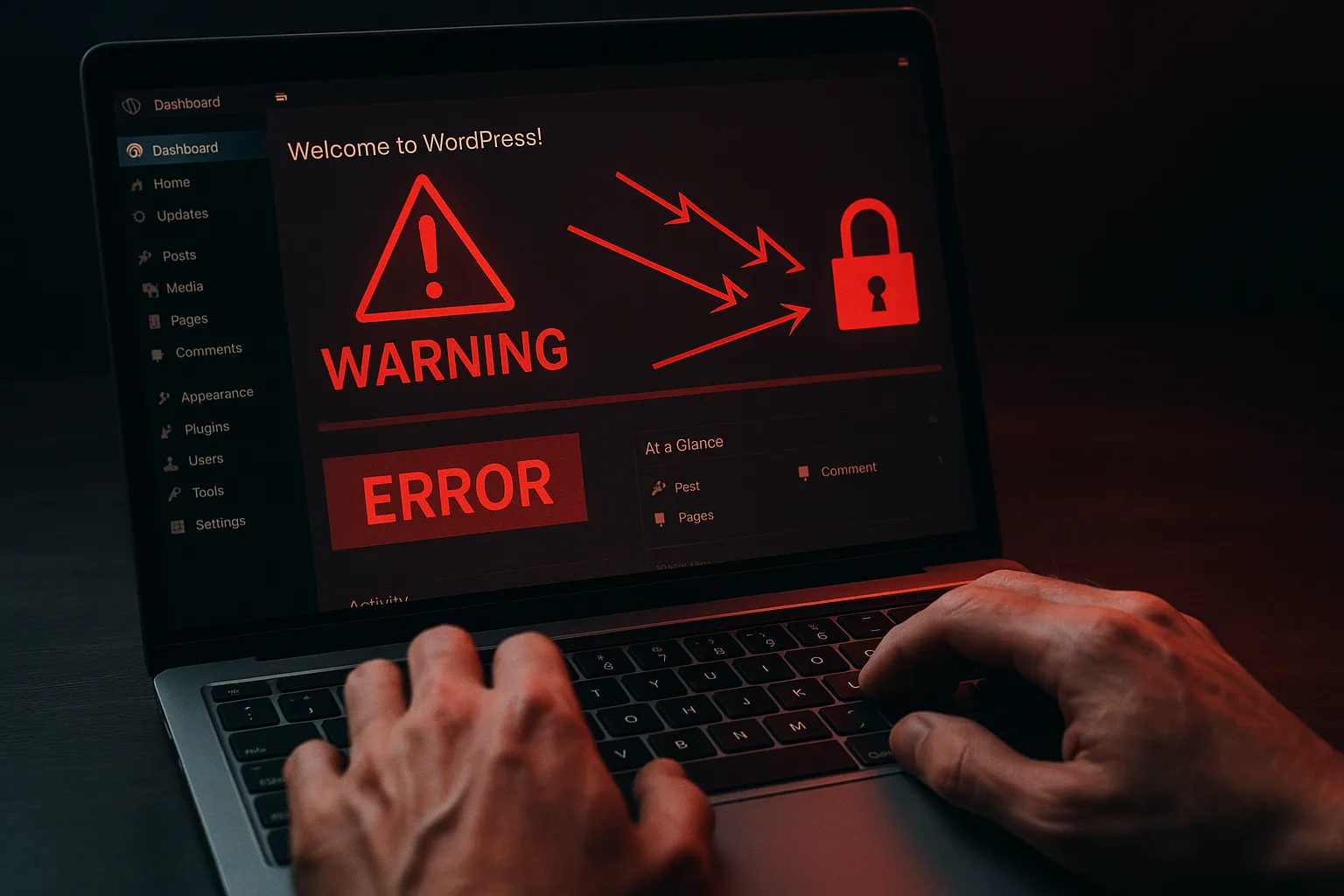 Developer reviewing WordPress admin dashboard with security warning overlays