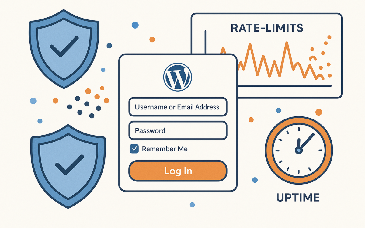 Illustration of a WordPress admin dashboard showing protections against automated login attacks.