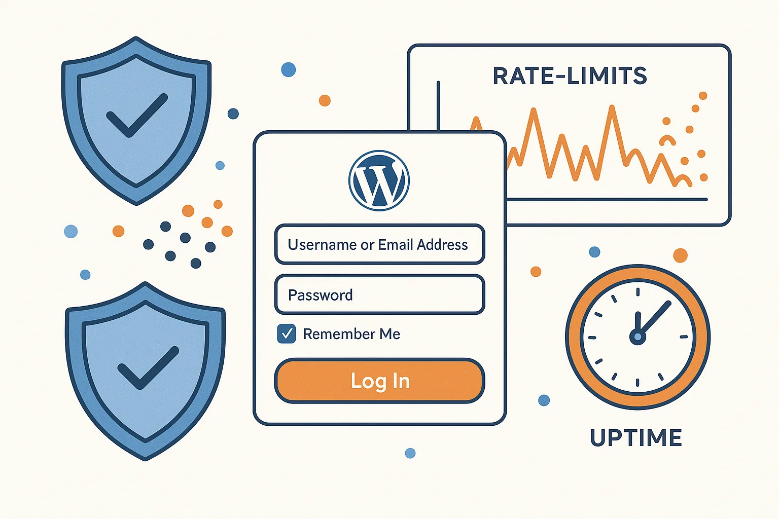 Illustration of a WordPress admin dashboard showing protections against automated login attacks.