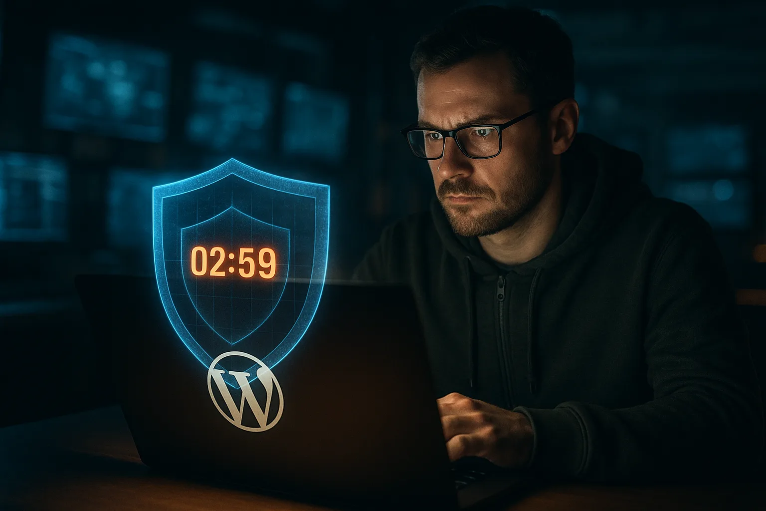 WordPress site owner protecting a site with a shield overlay and countdown timer