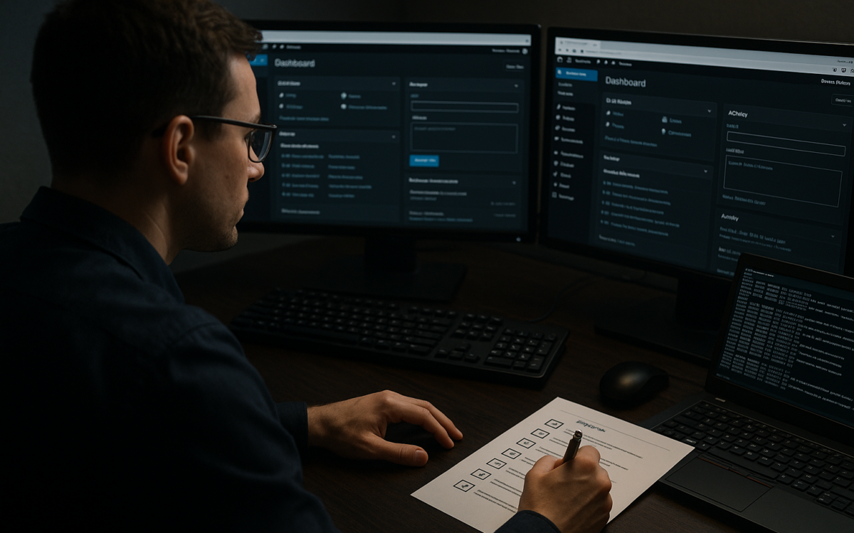 Operator at workstation managing multiple WordPress installs, screens show admin dashboards and logs.