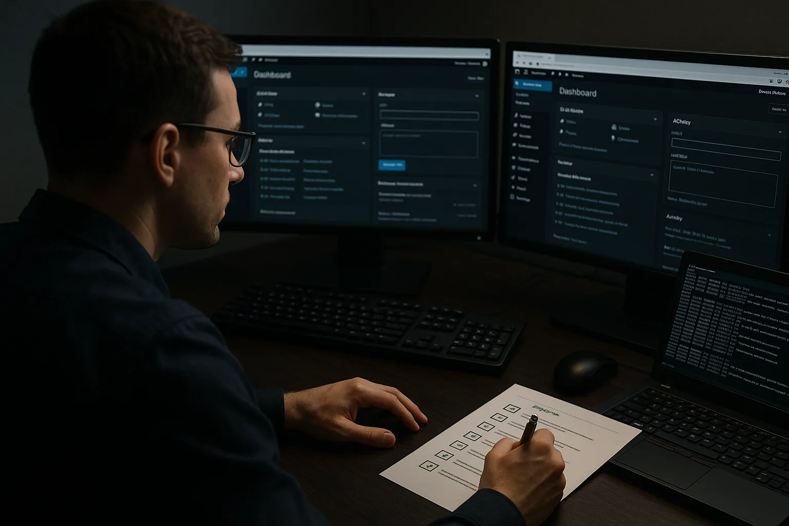Operator at workstation managing multiple WordPress installs, screens show admin dashboards and logs.