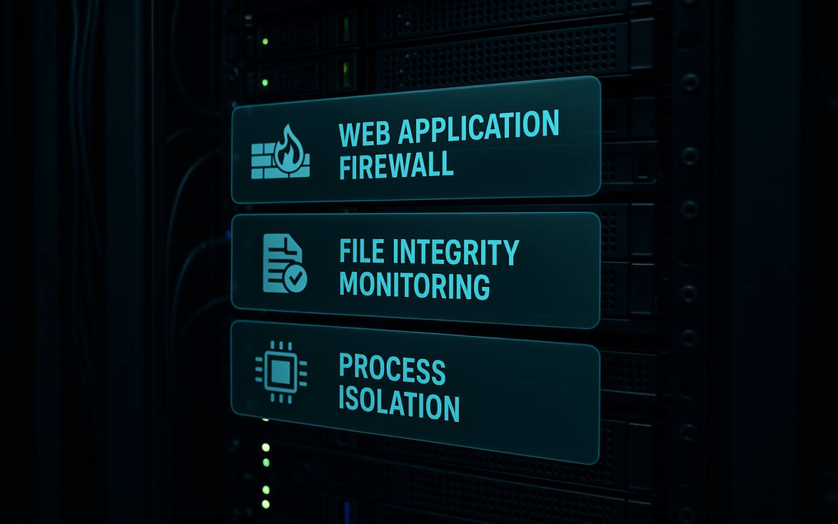 Layered security stack overlaying server racks, showing web application firewall and file integrity monitoring