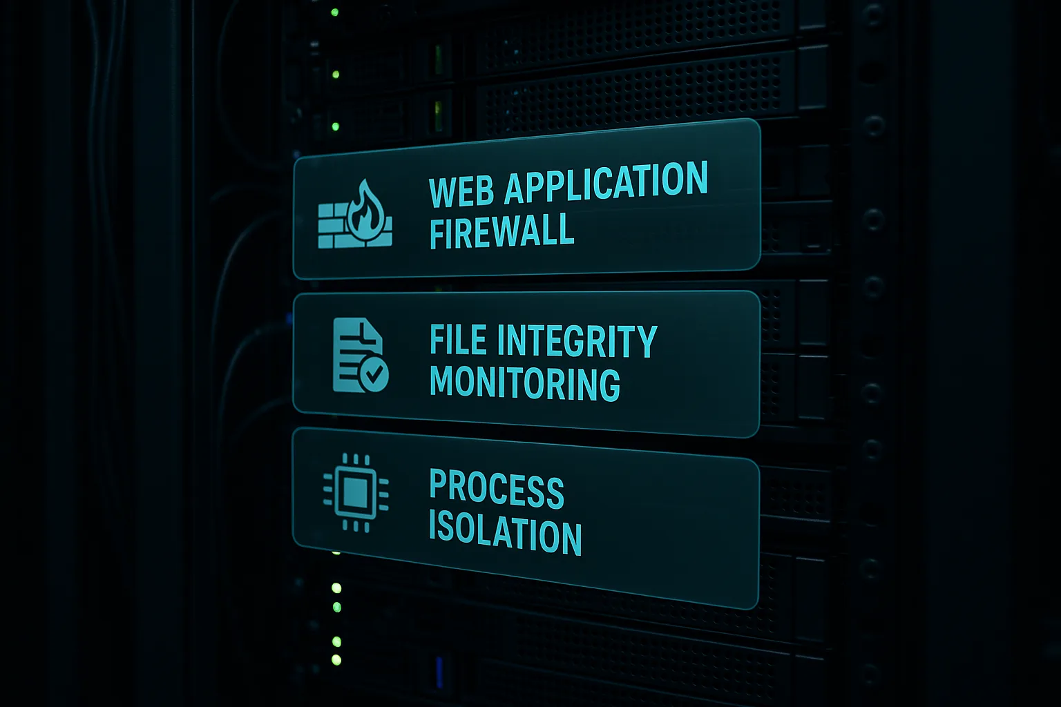 Layered security stack overlaying server racks, showing web application firewall and file integrity monitoring