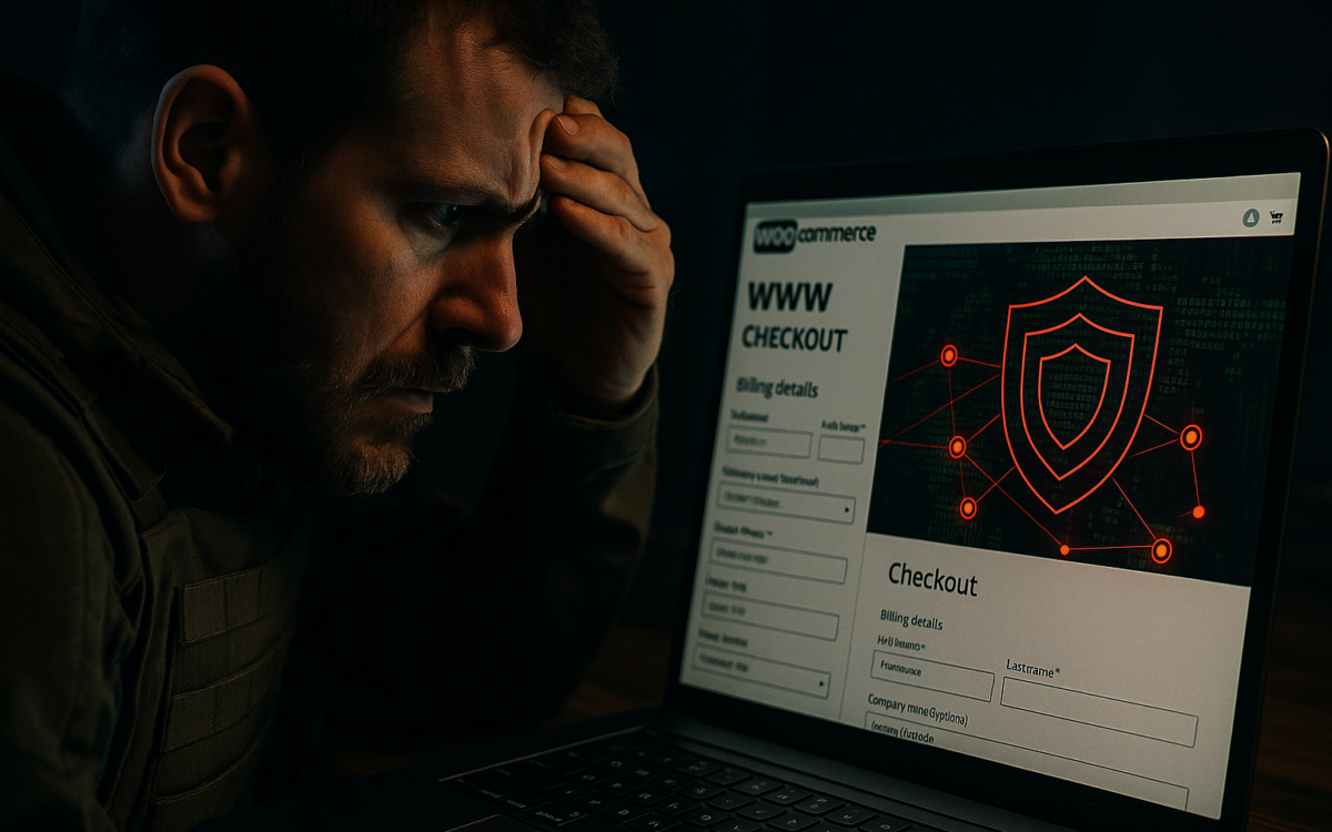 Ecommerce manager viewing an intrusion map over a WooCommerce checkout page