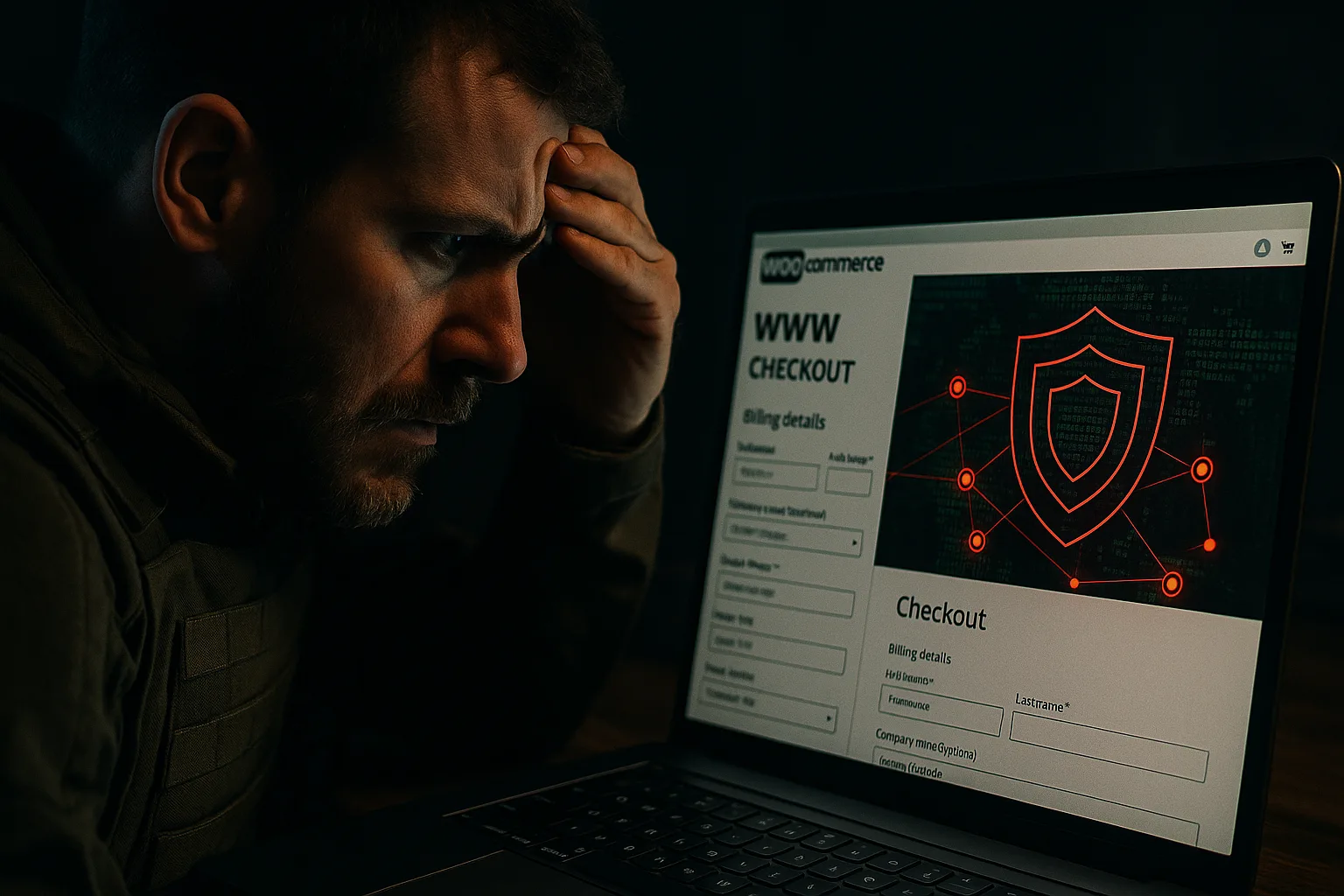 Ecommerce manager viewing an intrusion map over a WooCommerce checkout page