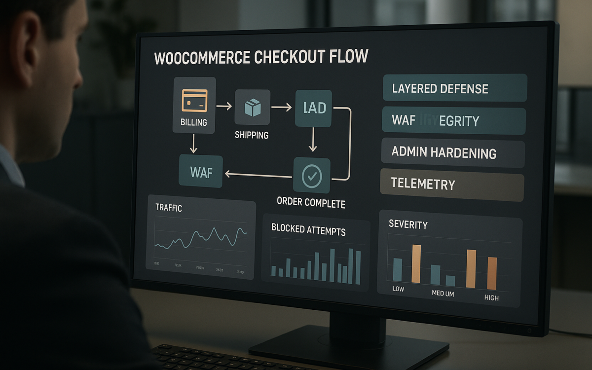 Operator dashboard showing layered defense overlays protecting a WooCommerce checkout
