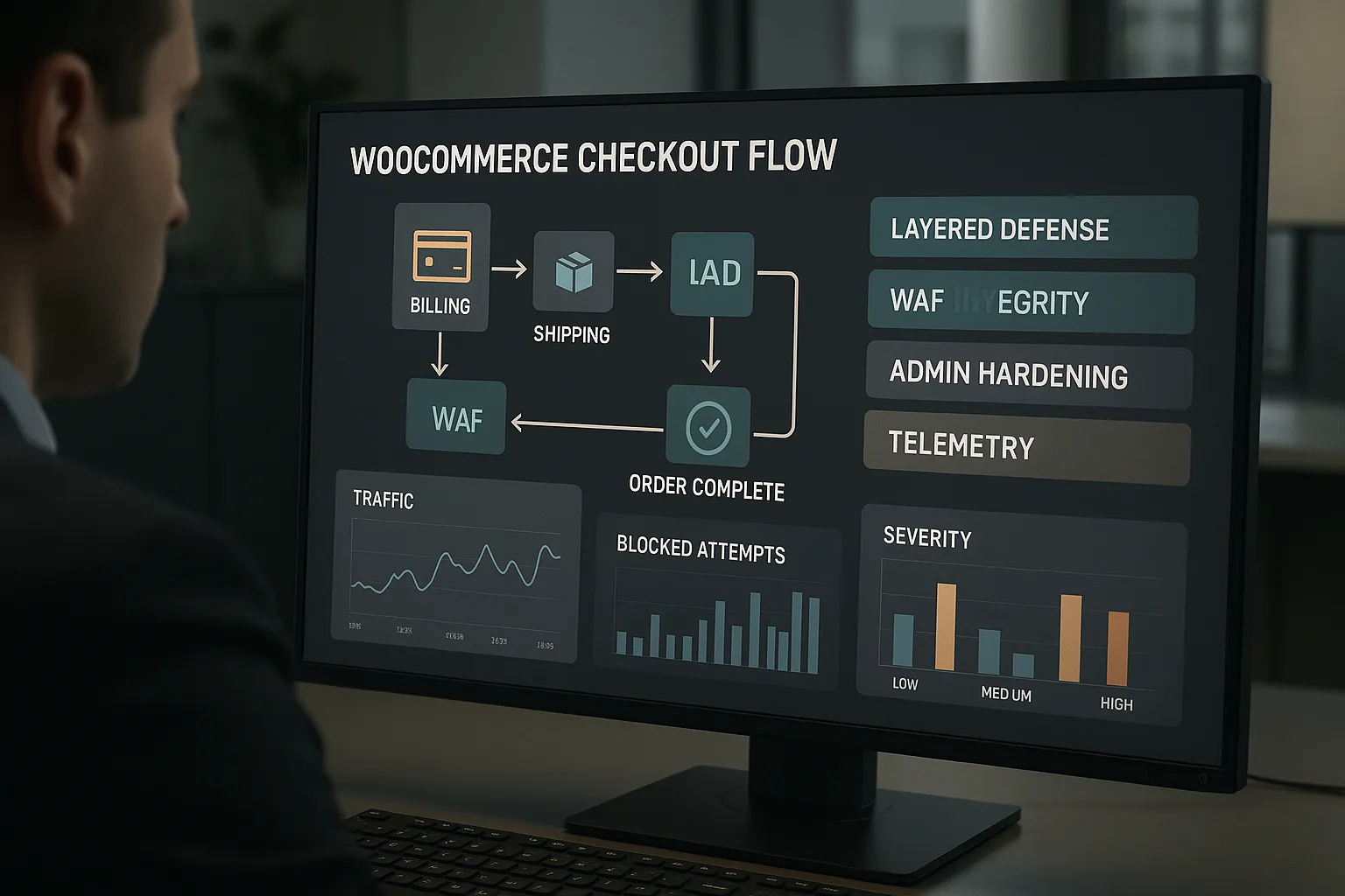 Operator dashboard showing layered defense overlays protecting a WooCommerce checkout