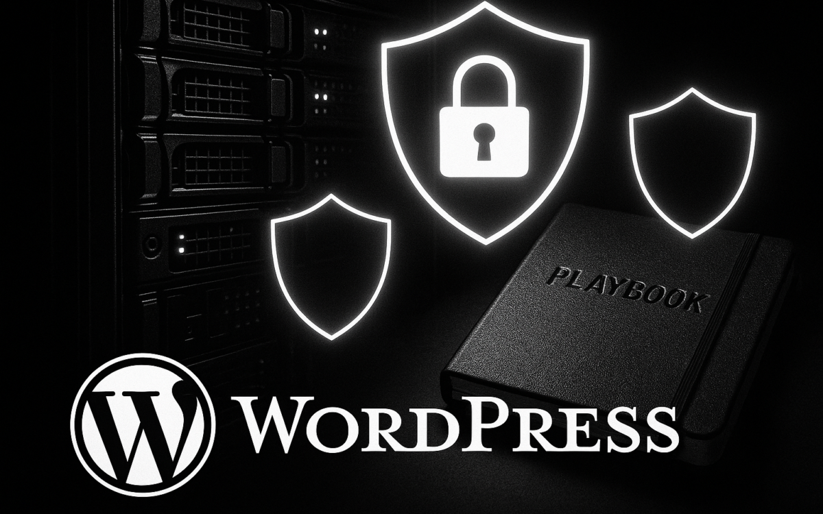 Server rack with containment shields and a playbook notebook representing incident containment for WordPress