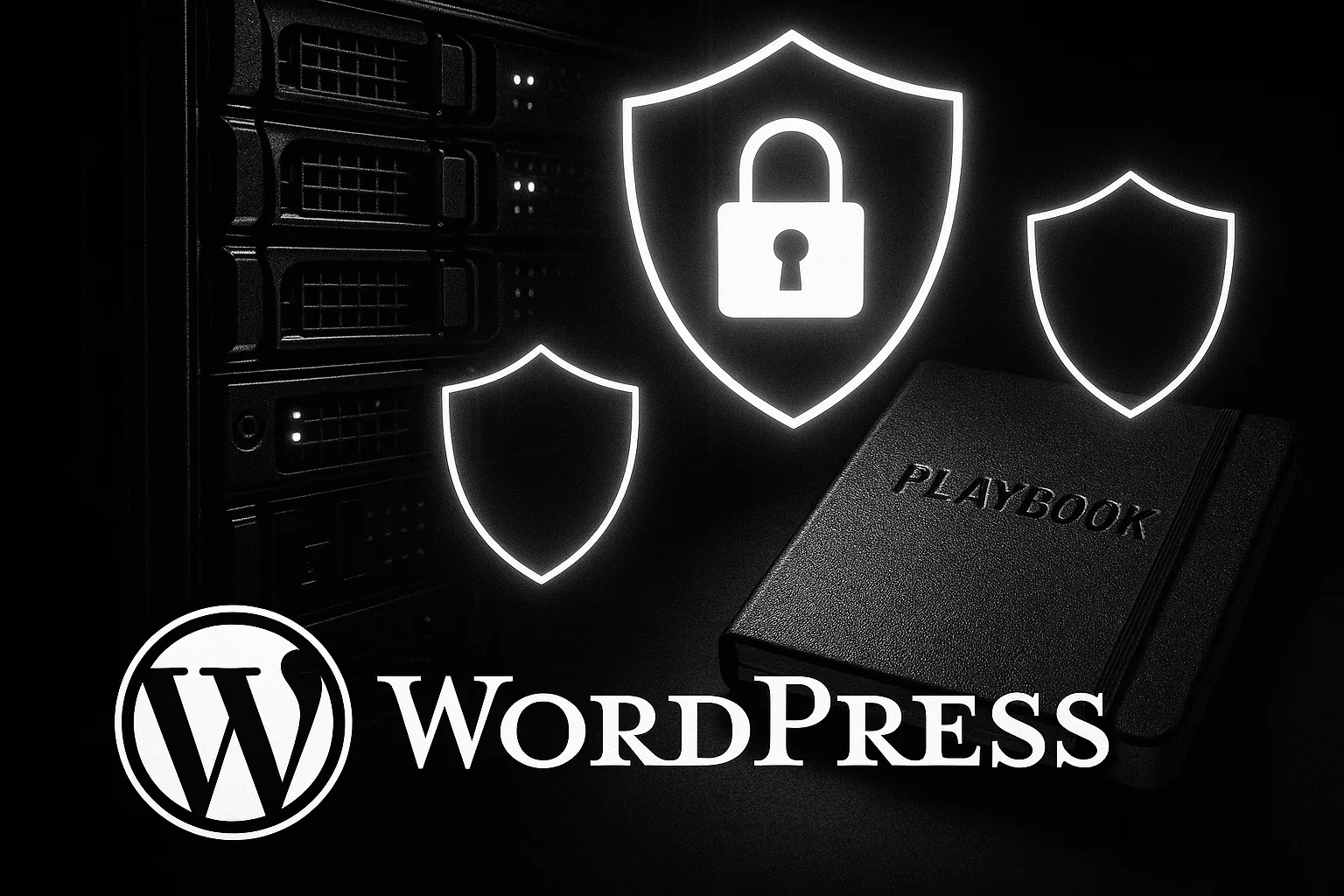 Server rack with containment shields and a playbook notebook representing incident containment for WordPress
