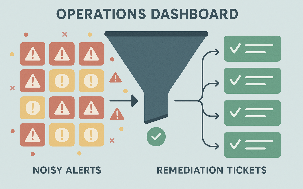 Operations dashboard filtering alerts into prioritized remediation tasks