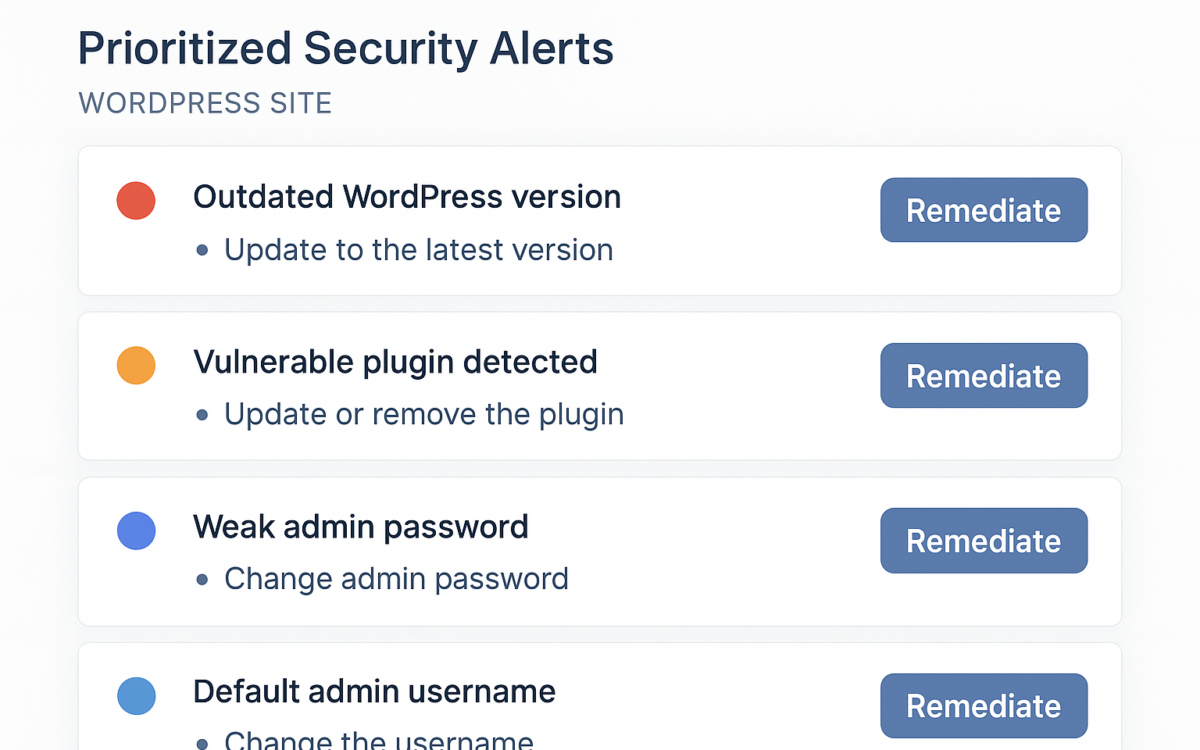 Dashboard displaying prioritized WordPress security alerts with remediation tasks