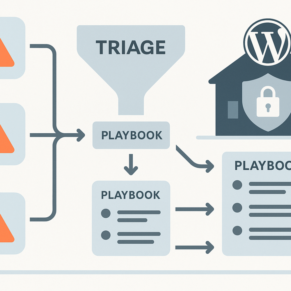 Diagram of noisy alerts being filtered into a remediation pipeline for WordPress
