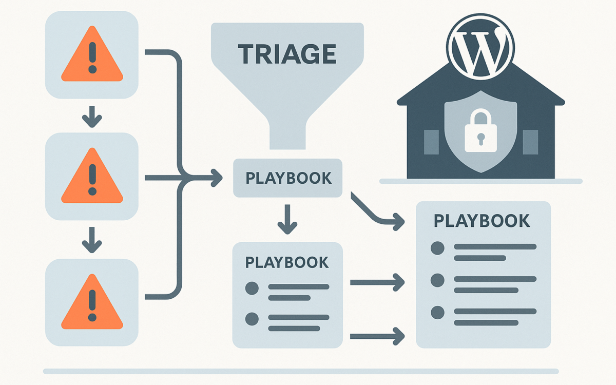 Diagram of noisy alerts being filtered into a remediation pipeline for WordPress