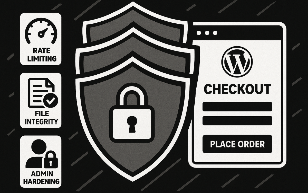 Diagram of layered security protecting a WordPress checkout flow