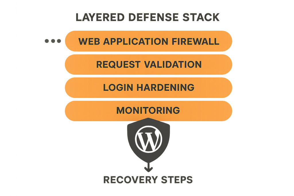Layered defense stack diagram for WordPress