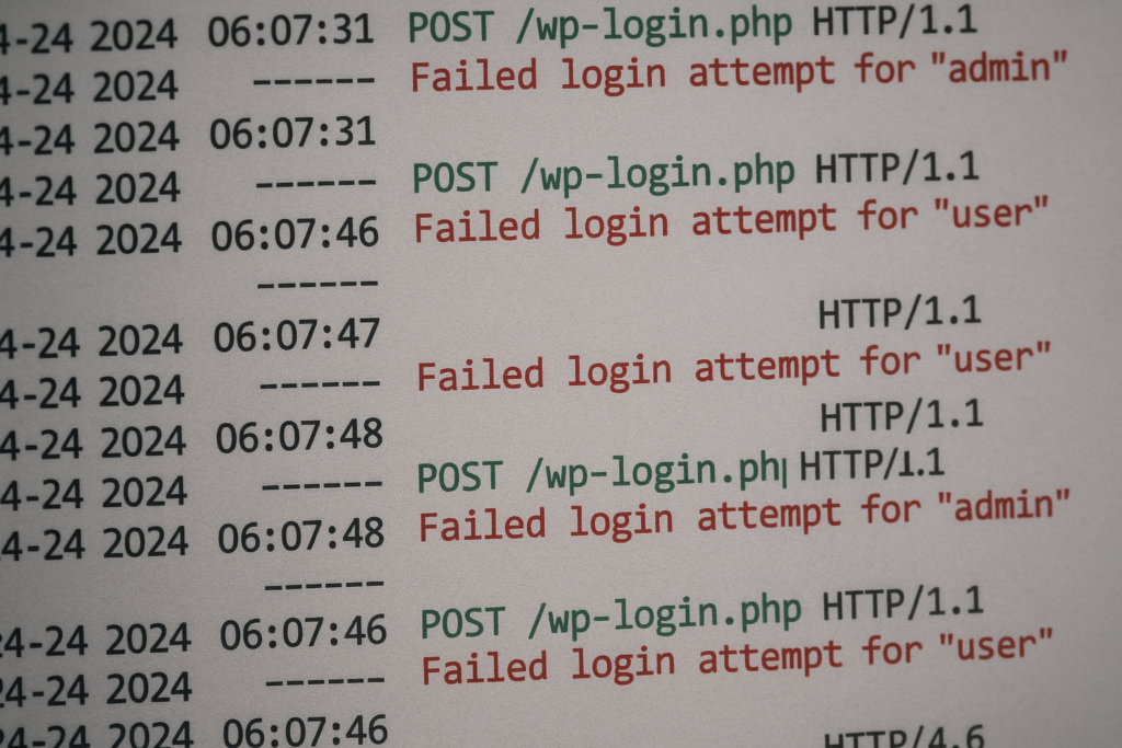 Server log snippet with repeated failed login attempts highlighted