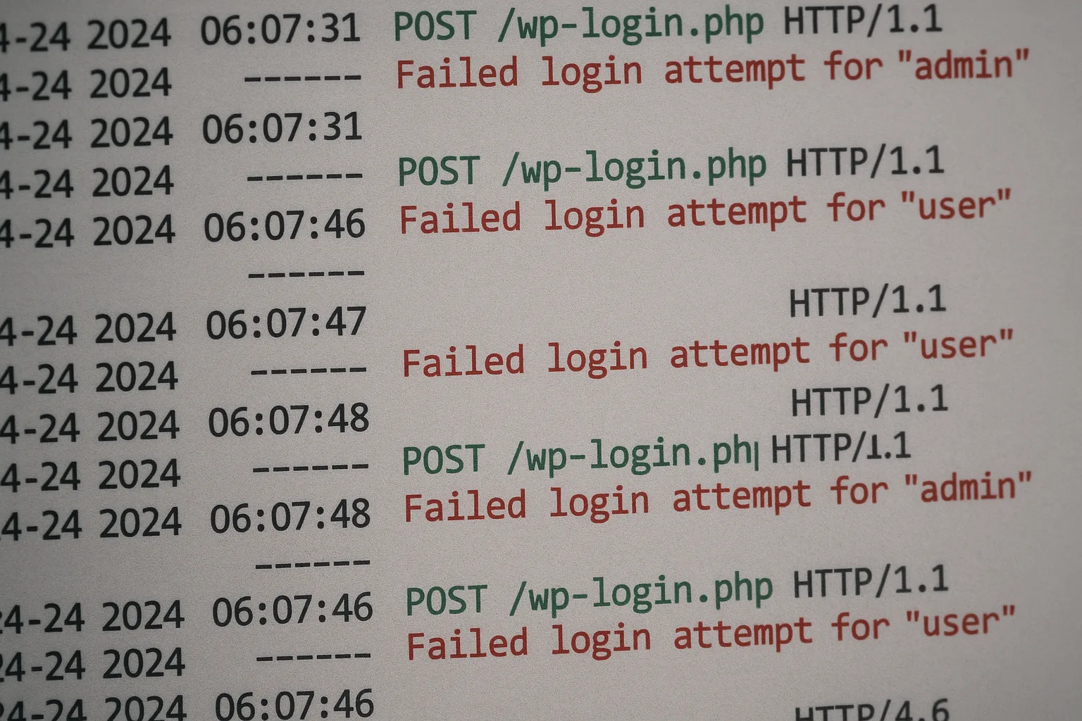 Server log snippet with repeated failed login attempts highlighted