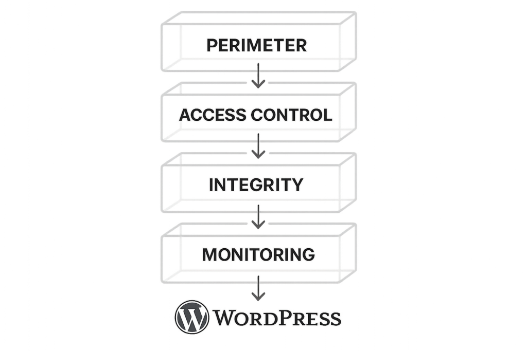 Layered defense stack diagram for WordPress