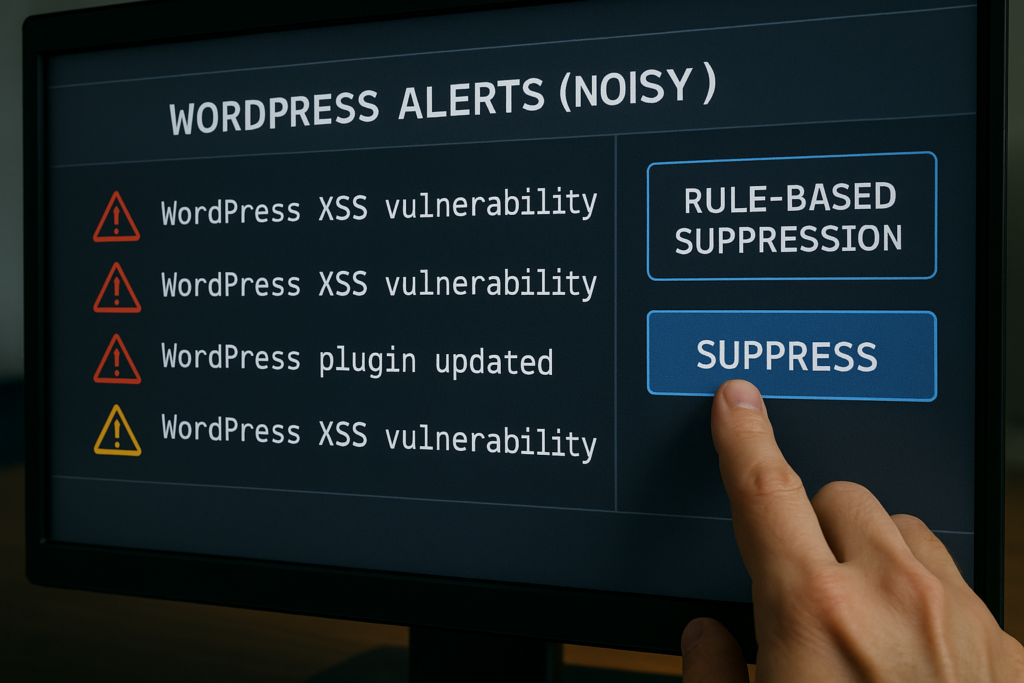 Analyst filtering WordPress security alerts with rule-based suppression