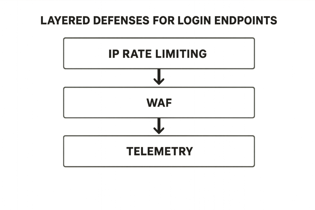 Layered defenses diagram for login endpoints including rate limiting and MFA.