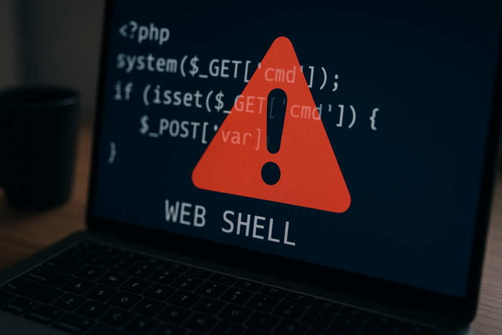 Blurred PHP web shell with warning triangle