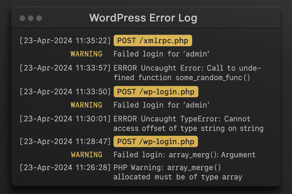 WordPress log excerpt with suspicious POST requests highlighted